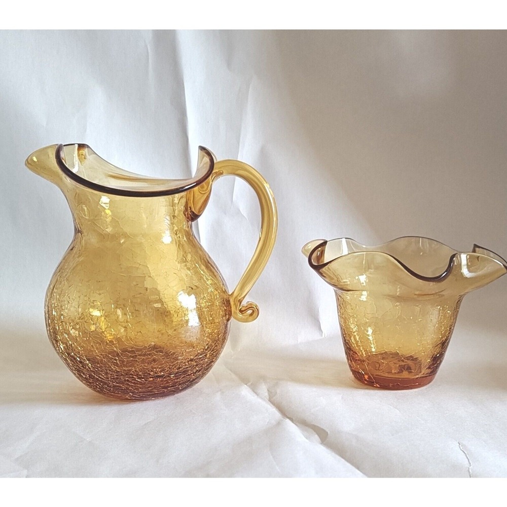 Rainbow Amber Crackle Glass Pitcher and Vase Set Ruffled Rim Vintage Decor 6.5"